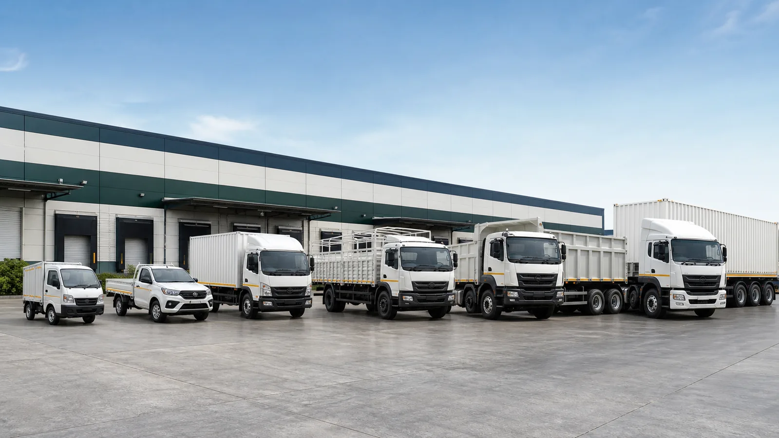 Lineup of mini, medium, open-body and container commercial trucks