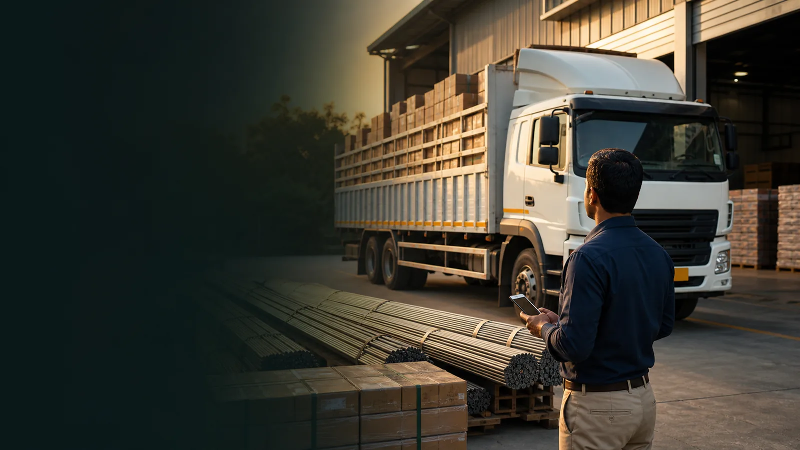 Truck dispatch preparation beside a warehouse